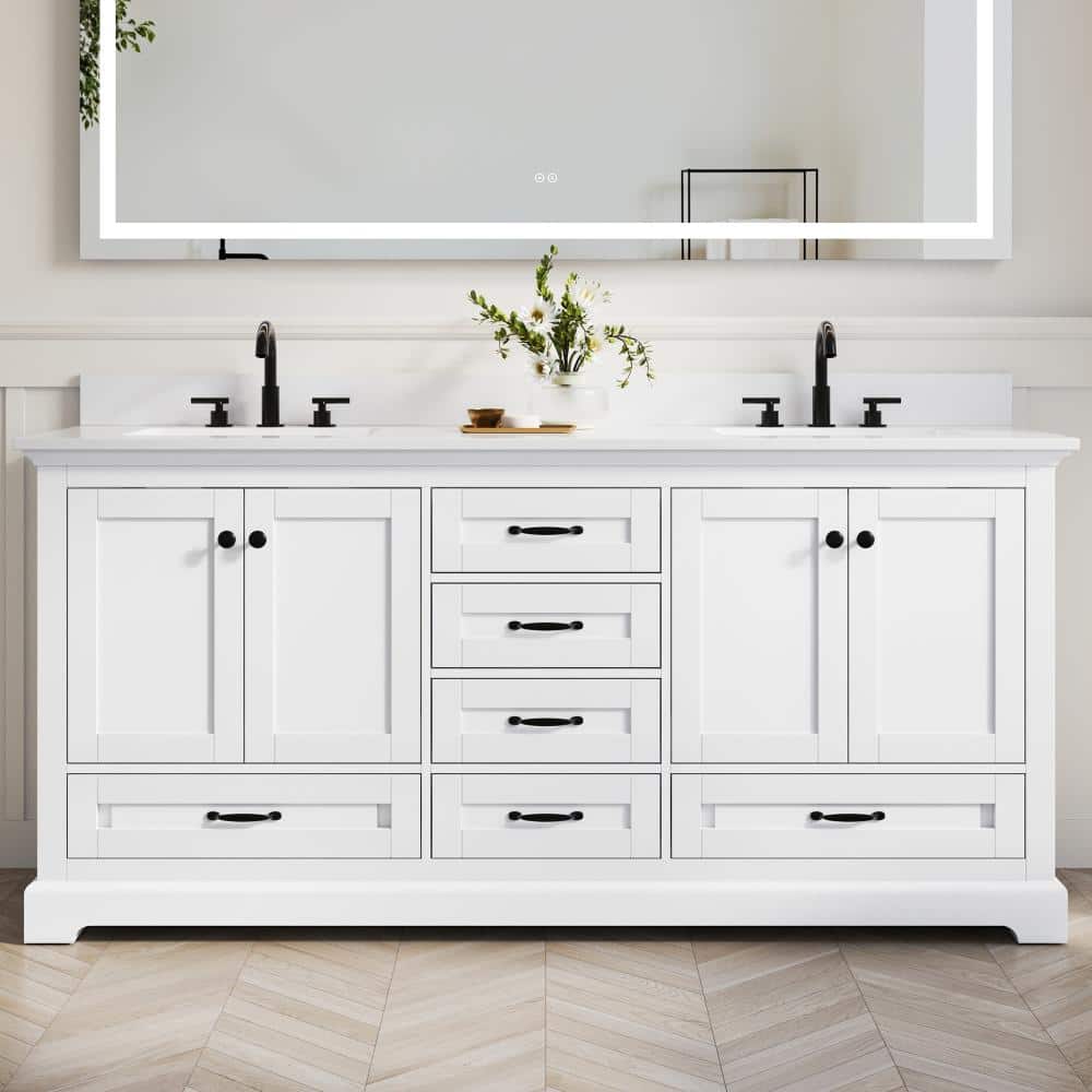 72 in. Double Sink Freestanding White Solid Wood Bath Vanity with White Cultured Marble Top, Soft Close, Fully Assembled price history on PriceWatchPro