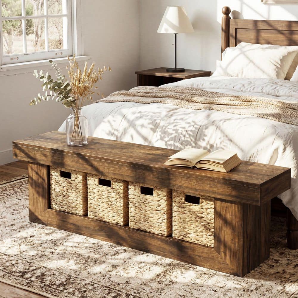 63 in Rustic Brown Storage Bed Bench with 4 Baskets, Wooden Entryway Bench for Bedroom, Living Room with Seat