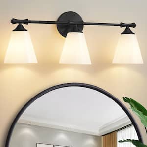 24.33 in. 3-Lights Black Bathroom Vanity Light Fixture with Opal Frosted Glass Shade