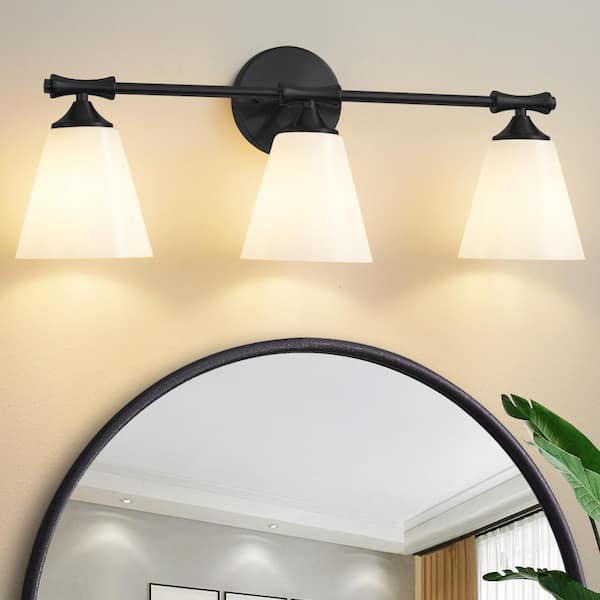 24.33 in. 3-Lights Black Bathroom Vanity Light Fixture with Opal Frosted Glass Shade