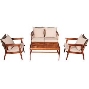 4-Piece Solid Wood Outdoor Patio Conversation Sofa Set with Beige Cushions