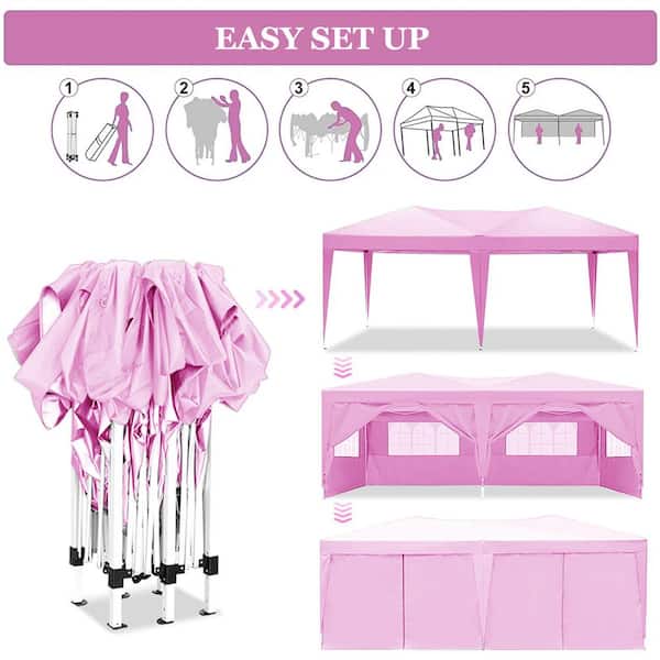 10 ft. x 20 ft. Outdoor EZ Pop Up Canopy Gazebo Portable Garage Folding Tent with 6-Removable Sidewalls for Parties Pink