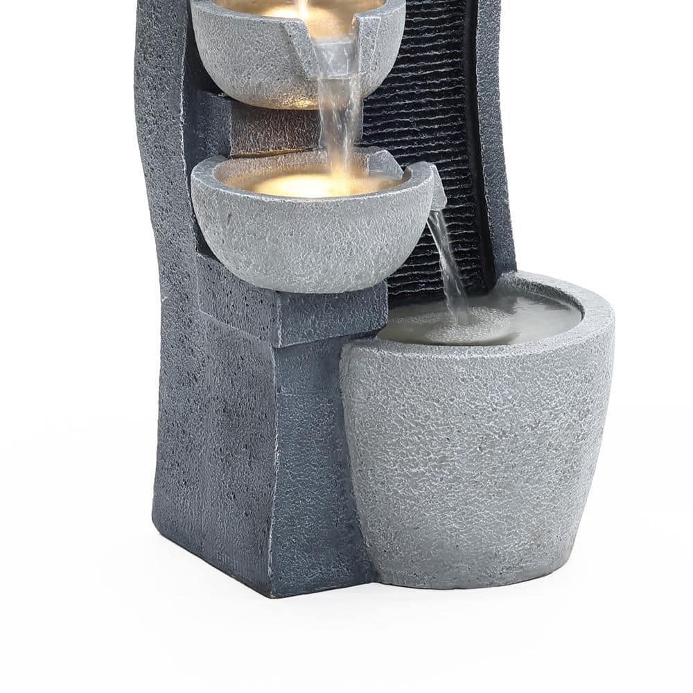 LuxenHome 26" Gray Resin 5-Bowl Outdoor Fountain with Lights