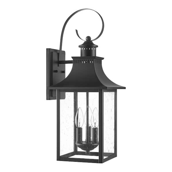 Hampton Bay Edgehill 3-Light Matte Black Outdoor Wall Lantern Sconce with Clear Seeded Glass