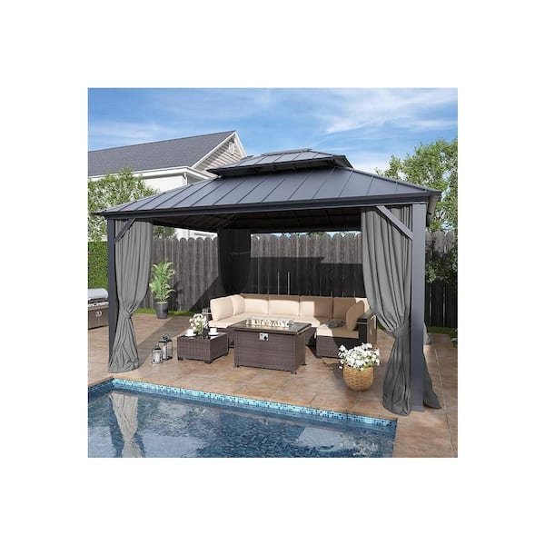 12 ft. x 14 ft. Gray Metal Hardtop Gazebo with Double Roof Pergola, Netting and Curtain Gray