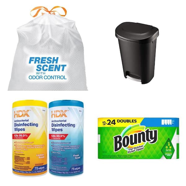 FlexPro 13 Gal. Trash Bags, Step-On Can, Disinfecting Wipes, Paper Towels Combo (140-Count Bags, 2-Pack Wipes, 12 Rolls)