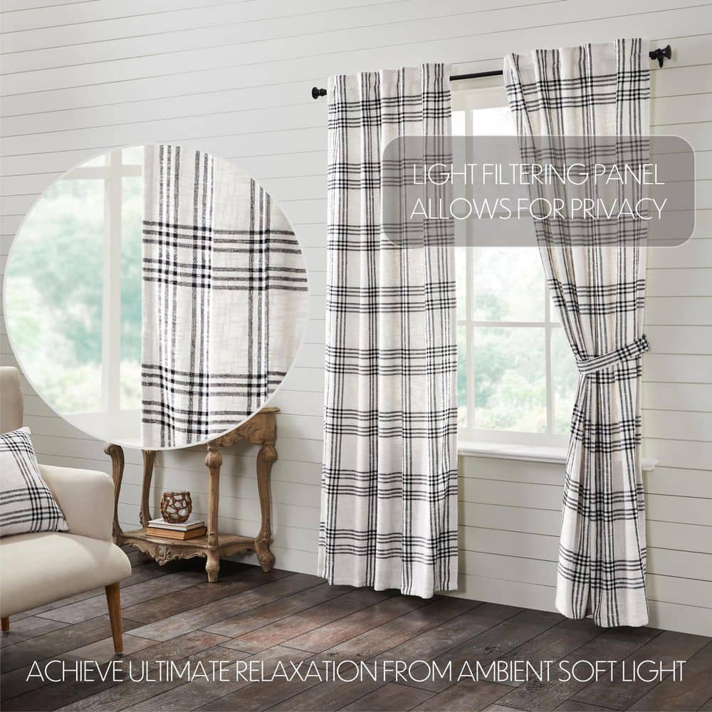Extended White and Black Plaid Cotton Drapes, Set of 2