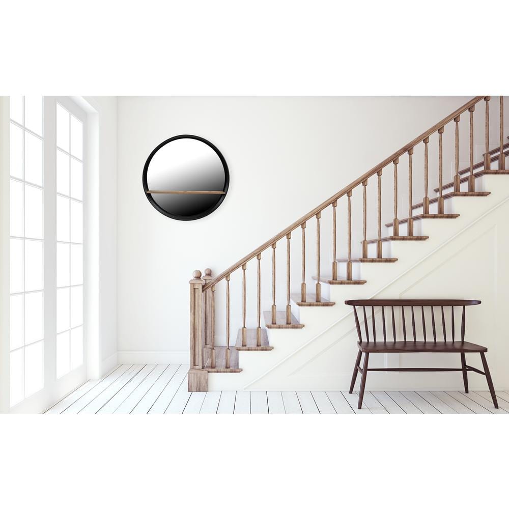Contemporary Black Metal & Wood Round Wall Mirror with Shelf