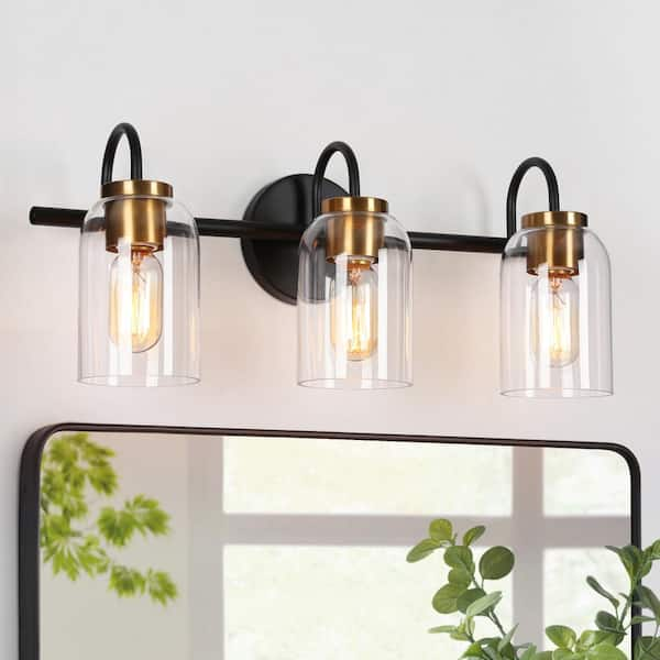 21 in. 3-Light Black Bathroom Vanity Light Modern Vintage DIY Brass Bath Light Clear Glass Farmhouse/Rustic Wall Sconce