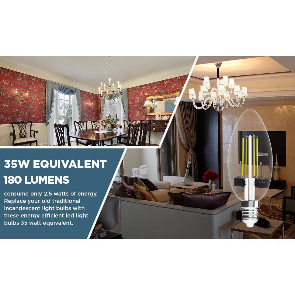 Clear Dimmable LED Filament B11 E12 Light Bulbs, 12-Pack