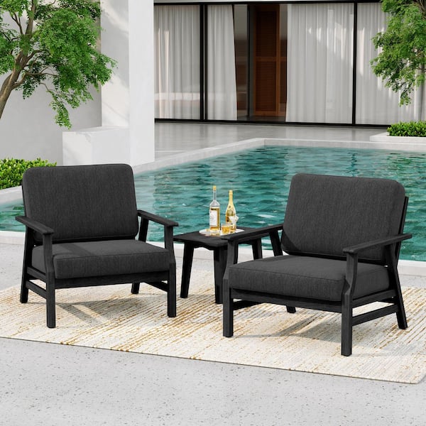 Black Solid Wood Frame Outdoor Patio Lounge Chairs with Dark Gray Cushion (2-Pack)