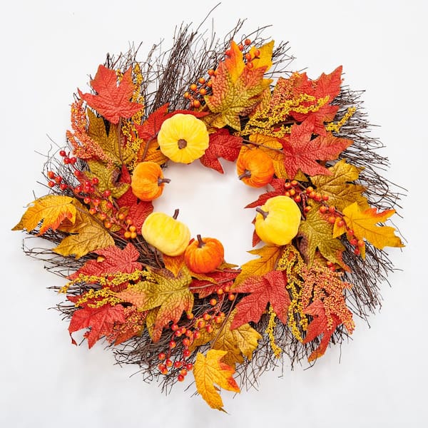 Unbranded 22 in. Artificial Pumpkin and Maple Leaf Fall Wreath on Twig Base