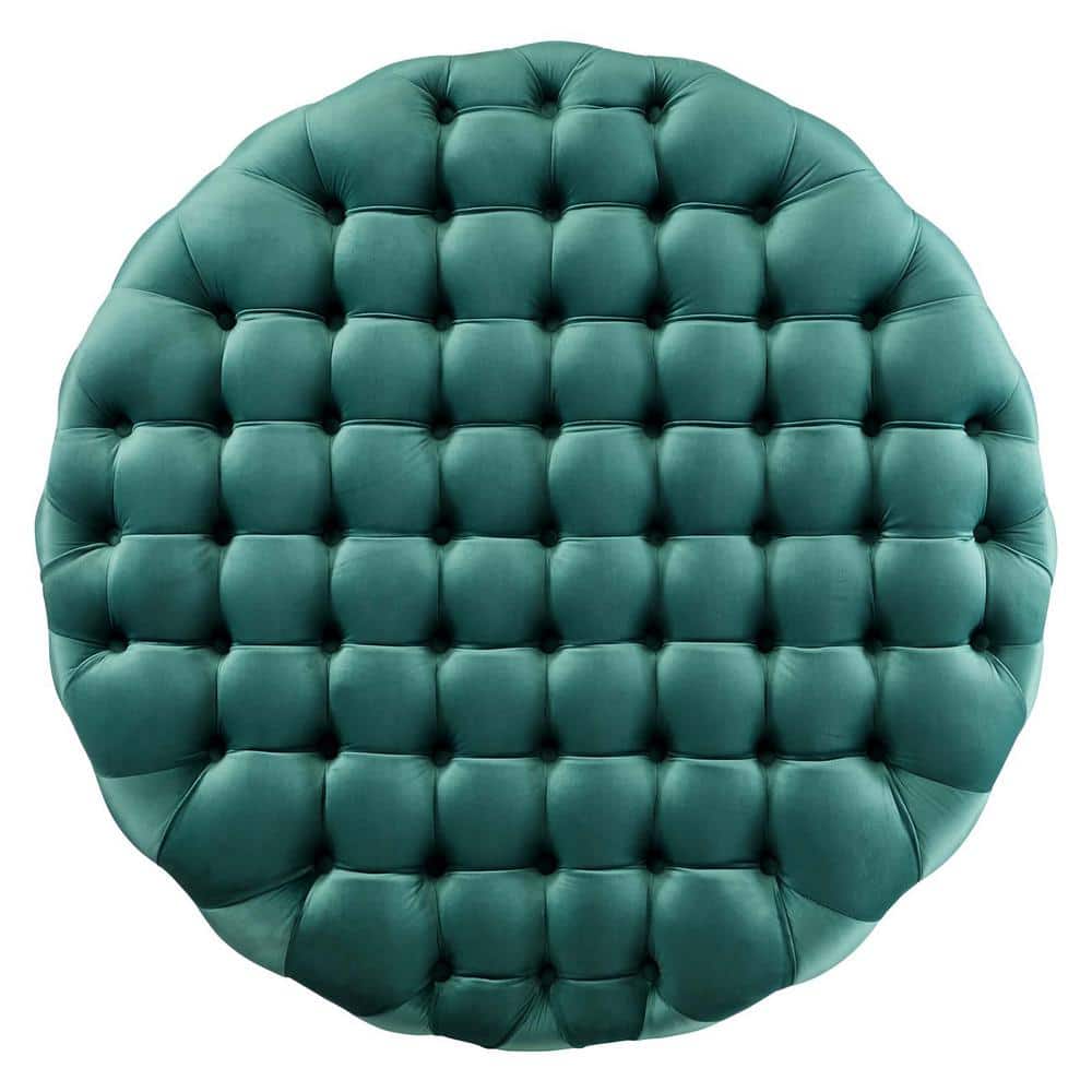 Teal Velvet Tufted Round Ottoman with Button Accents