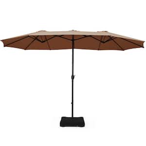 15 ft. Steel Market Double-Sided Patio Umbrella with Weight Base in Tan