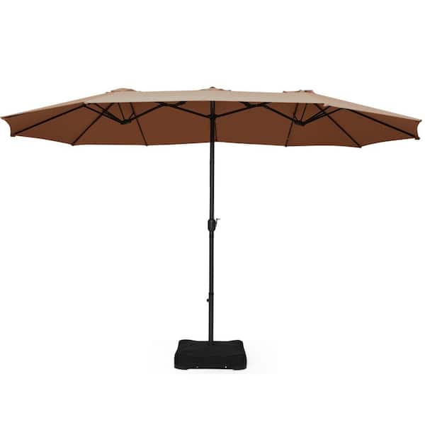 ANGELES HOME 15 ft. Steel Market Double-Sided Patio Umbrella with Weight Base in Tan