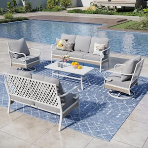 White 5-Piece Metal Outdoor Patio Conversation Seating Set with Swivel Chairs, Marbling Coffee Table and Gray Cushions