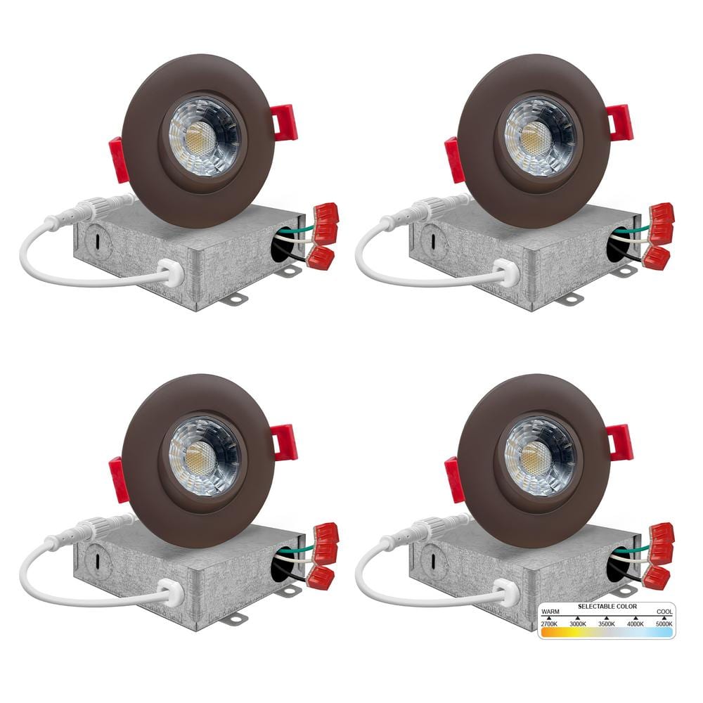 LUXRITE 3 In. Adjustable LED Gimbal Canless Recessed Light With J-Box 5 CCT 8W 600 Lumens IC Rated Damp Rated (4-Pack) LR23268-4PK - The Home Depot