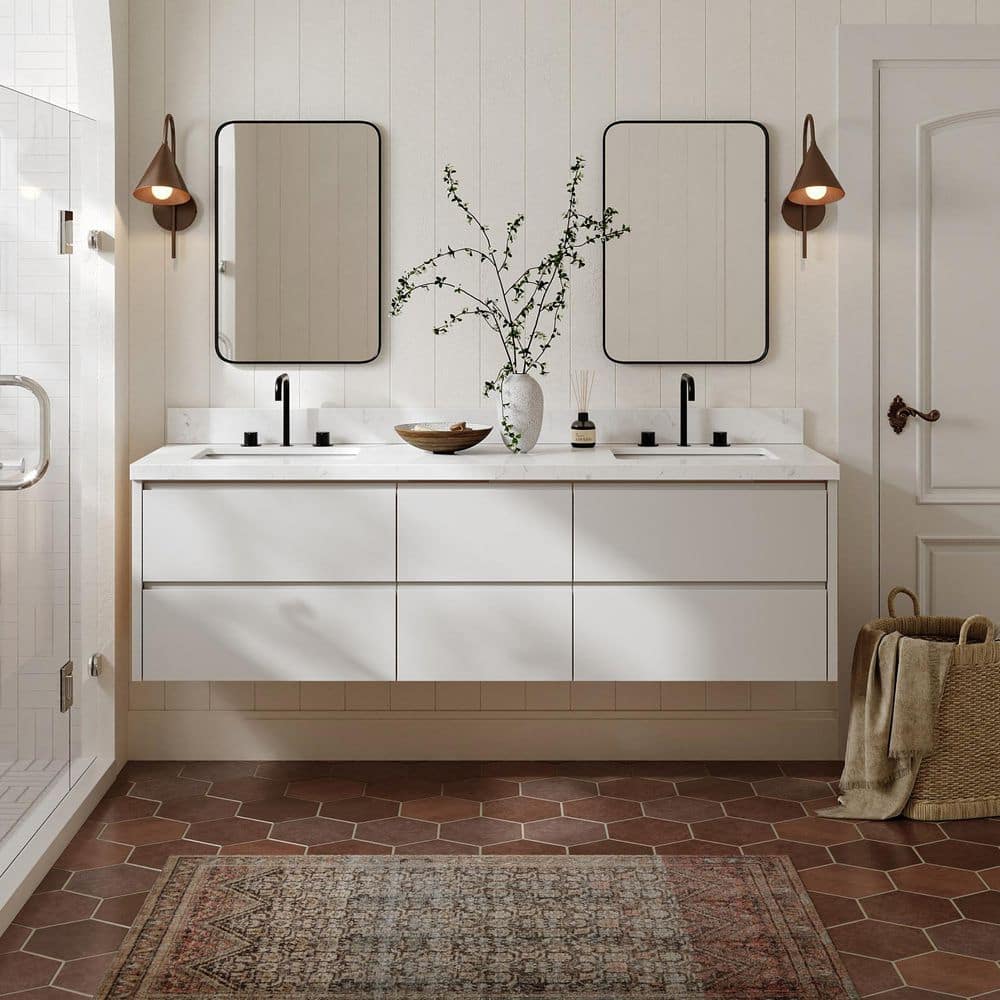 West 72 in. Double Sink Wall-Mounted Bath Vanity in Warm White with Carrara White Quartz Top price history on PriceWatchPro