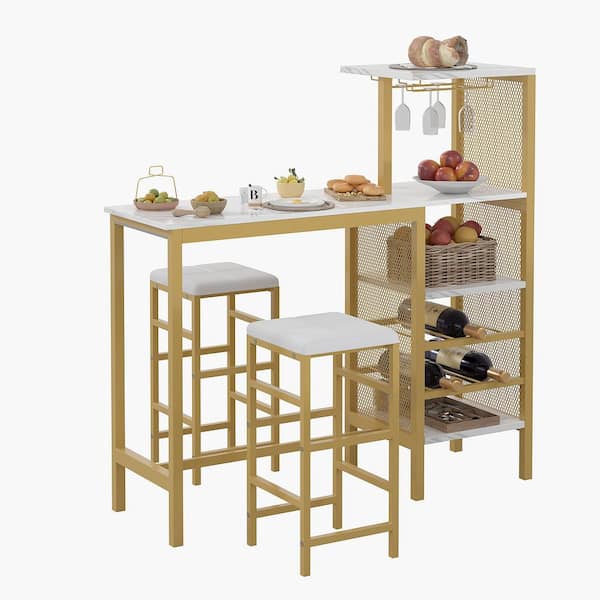 VECELO 3-Piece Bar Table and Chairs Set for 2 with Storage Shelves