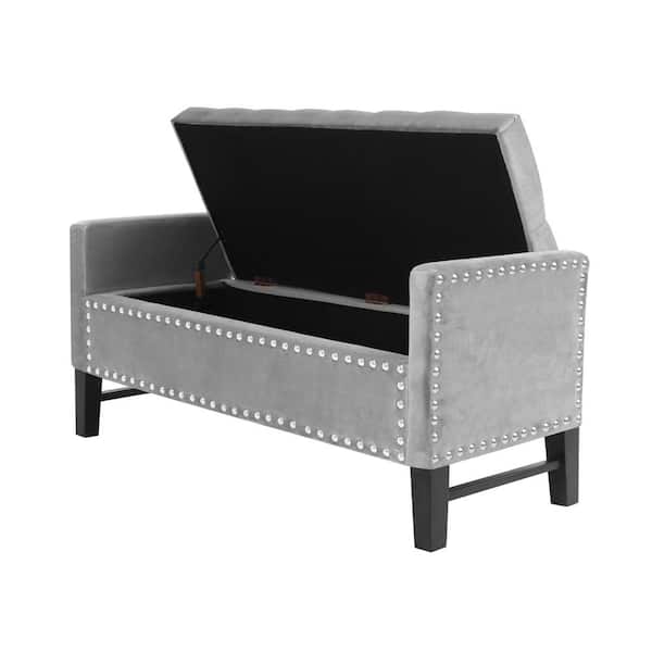 Inspired Home Emmaline Light Grey Velvet Storage Bench Button Tufted Nailhead Trim