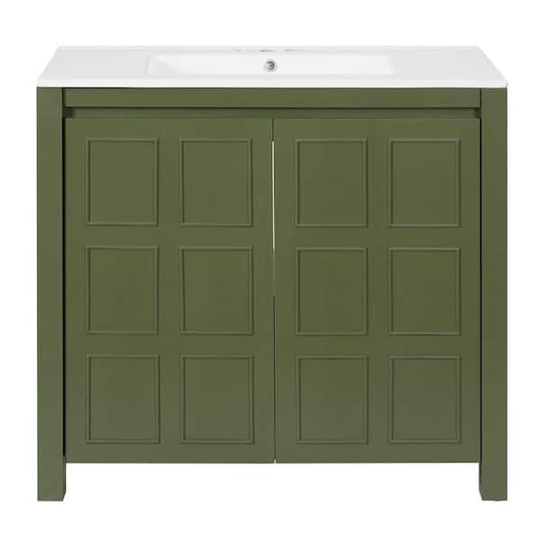 36 in. W Single Sink Bath Vanity in Olive Green with White Ceramic Top, 2-Doors