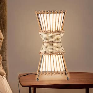 13.5in. 2-Light Natural Plug-in Bamboo and Rattan Table Lamp for Bedroom Living Room with White Fabric Shade