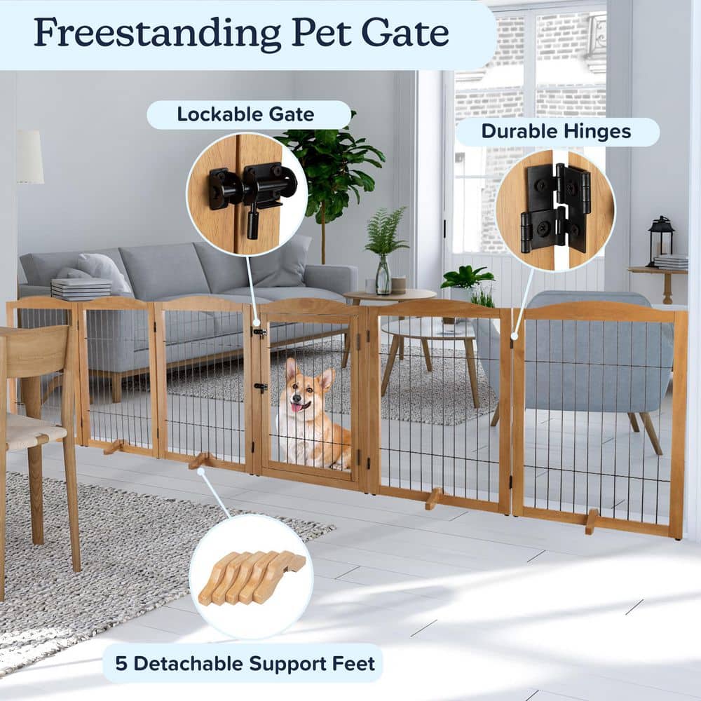 Natural Wood and Metal Freestanding Pet Gate, 132.5x31.5-Inch