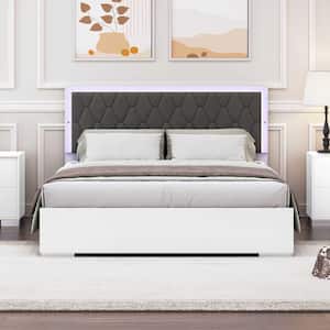 Modern White Wood Frame Queen Size Upholstered Platform Bed with LED Light and Velvet Headboard