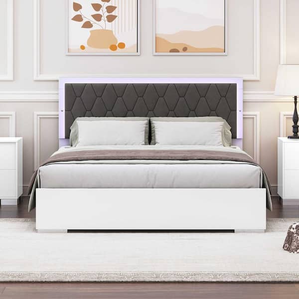 Polibi Modern White Wood Frame Queen Size Upholstered Platform Bed with LED Light and Velvet Headboard