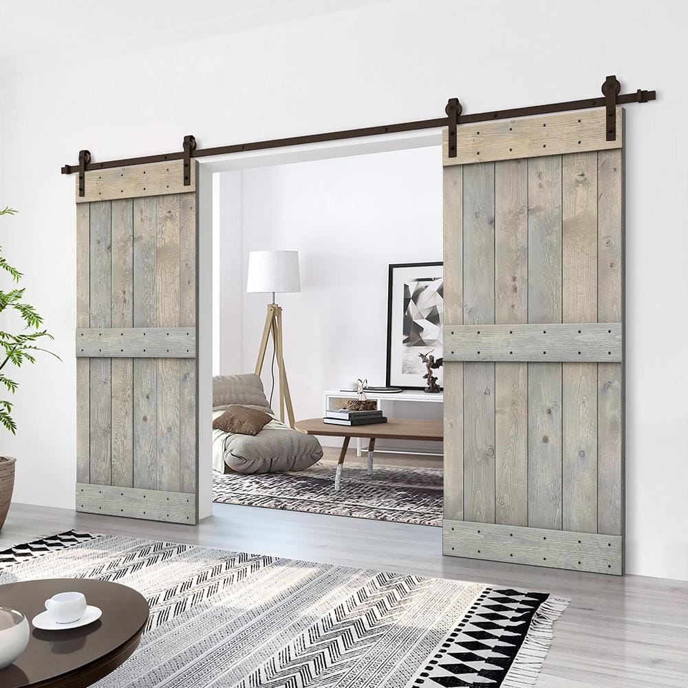 72" x 84" Smoke Gray Stained Solid Pine Double Barn Door Kit