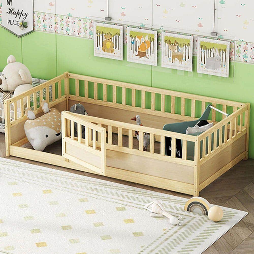 Natural Brown Twin Size Bed Frame with High Guardrail and Door, Solid Wood Bed Frame