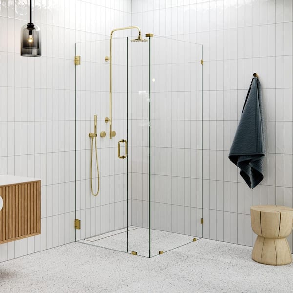 34 in. W x 34 in. D x 78 in. H Pivot Frameless Corner Shower Enclosure in Polished Brass Finish with Clear Glass