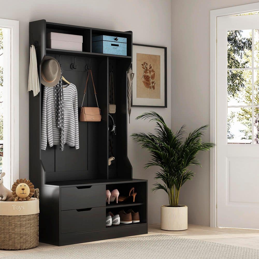 38.18 in. W x 16.53 in. D x 71.65 in. H Black Wood Hall Tree with Coat Rack