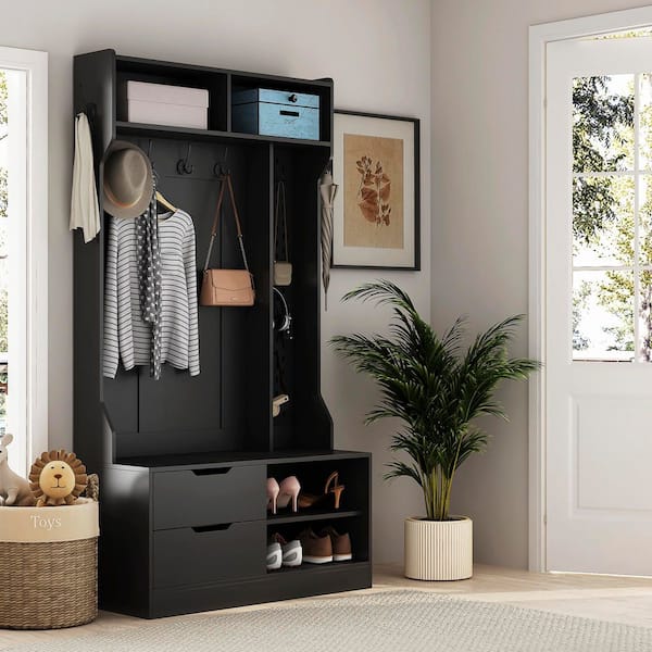 Unbranded 38.18 in. W x 16.53 in. D x 71.65 in. H Black Wood Hall Tree with Coat Rack and 6-Hooks for Entryways, Hallways