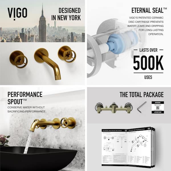 VIGO Cass Two Handle Wall Mount Bathroom Faucet in Matte Brushed