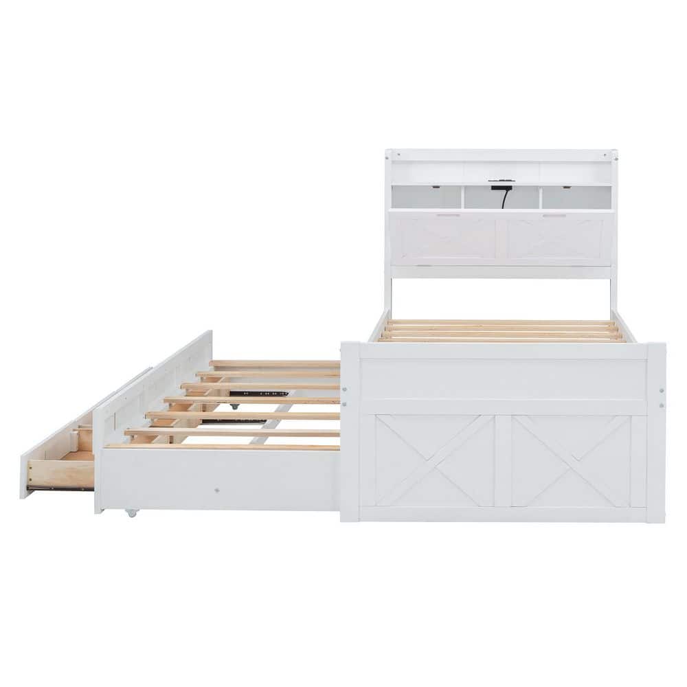 White Wood Frame Full Size Platform Bed with Storage Headboard, Outlets, Twin Size Trundle and 3 Storage Drawers - thumbnail 5