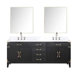 Fossa 80 in W x 22 in D Black Oak Double Bath Vanity, Carrara Marble Top, Faucet Set, and 36 in Mirrors