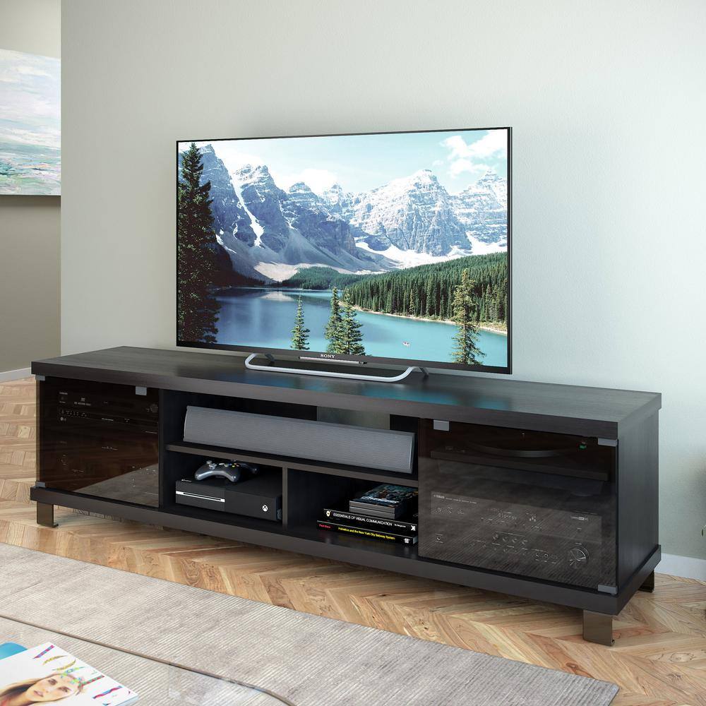 Ravenwood Black Extra-Wide TV Bench with Glass Doors, Fits Up to 80" TVs
