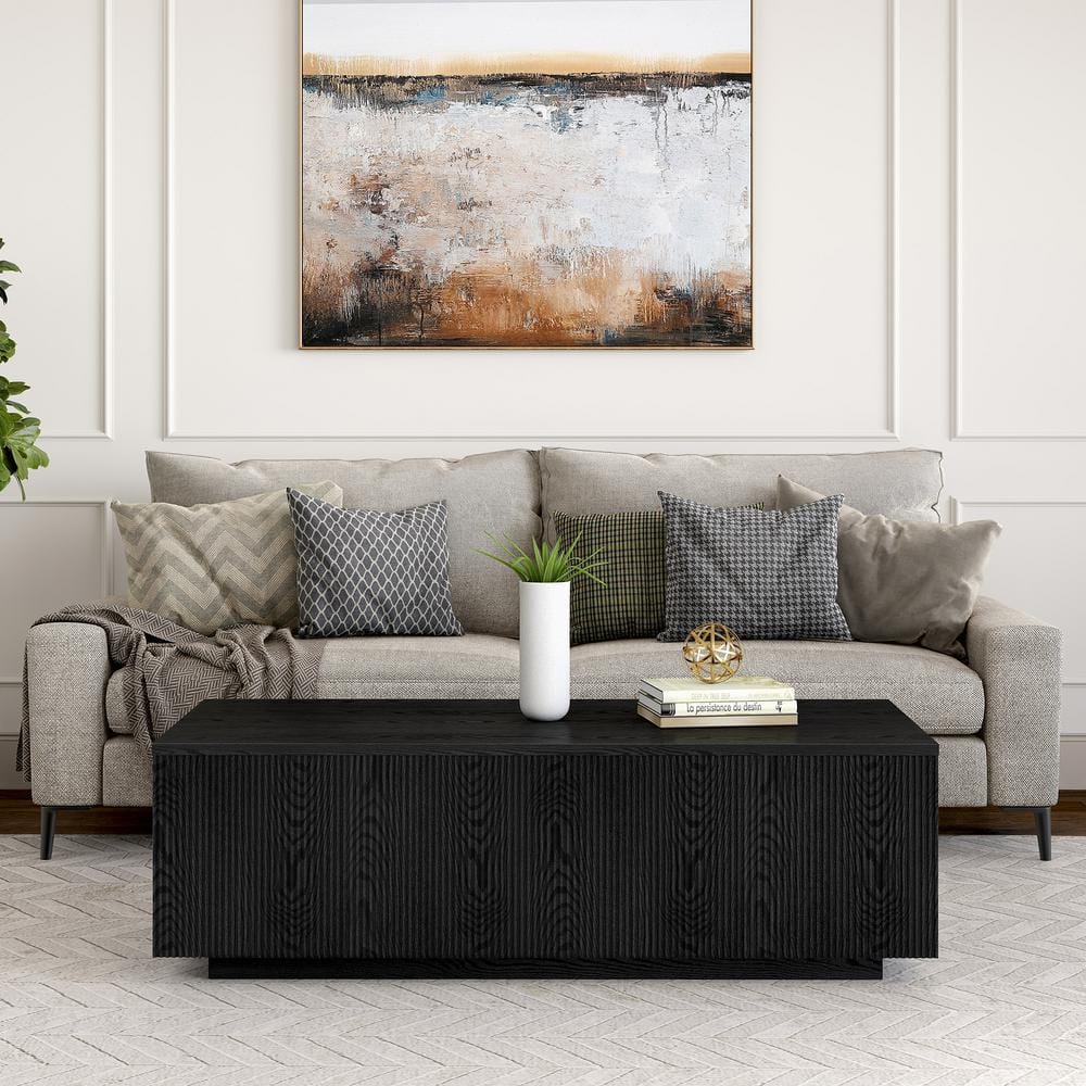 Black Grain Rectangular Wood-Look Coffee Table with Ribbed Base