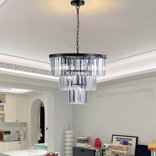 Basdien 18 in 5-Tier 8-Light Black Crystal Chandelier Lighting Luxury Modern Pendant Chandelier for Living Room Hotel