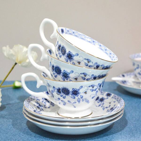LAIFUCAM Accent Plate Ceramic 21-Piece Blue Vintage Bone China 6