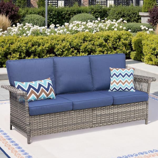 1-Piece Wicker Outdoor Couch with Blue Cushions