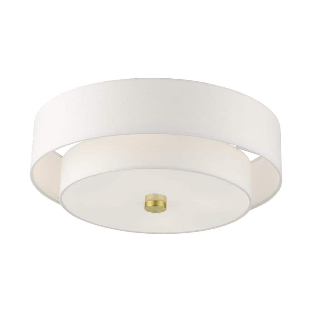 Satin Brass 4-Light Indoor/Outdoor Semi-Flush Drum Mount with Off-White Shade