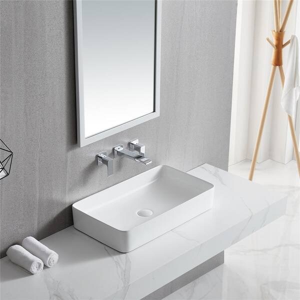 Magic Home 24 38 In X 14 In White Ceramic Rectangular Above Counter Bathroom Vanity Sink Vessel Sink With Pop Up Drain 508bathsnik 043 The Home Depot