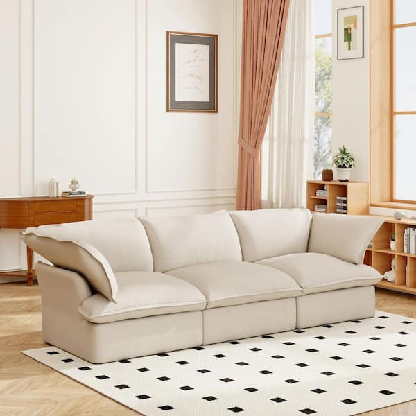 Convertible 123 in. Flared Arm Linen Modular Cloud Sofa Modern 3-Seater Couch with Washable Cover in Beige for Apartment