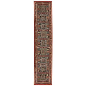 Lillian Red/Multi-Colored 2 ft. x 12 ft. Oriental Geometric Wool/Nylon Blend Fringed-Edge Indoor Runner Area Rug