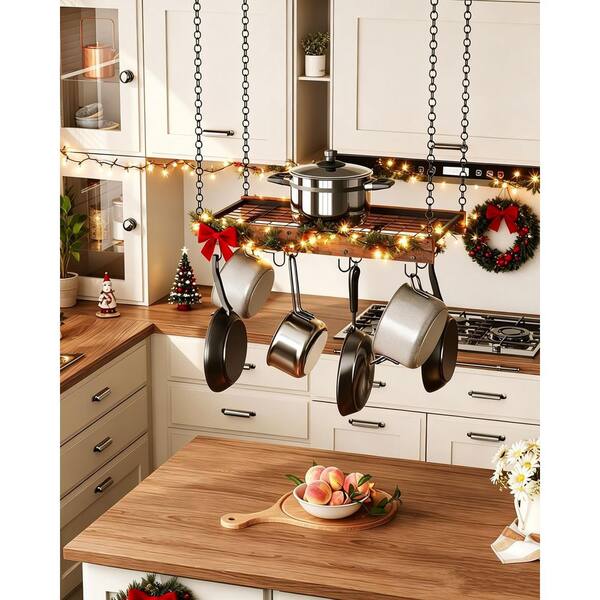 Hanging Pot Rack with 12 S-Shaped Hooks, Vintage Pot Hangers for Kitchen, Ceiling Mounted Pot Rack, Brown