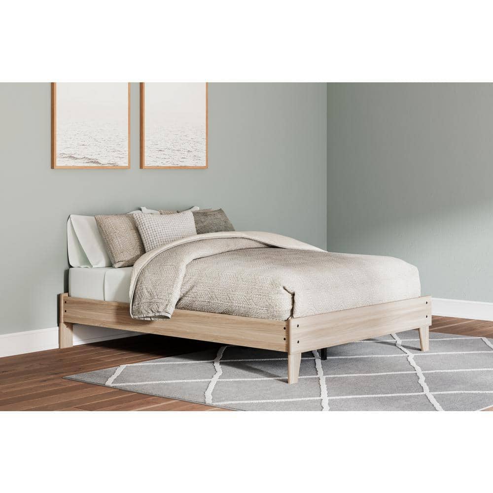 Battelle Full Oak Wood Frame Platform Bed with Upholstered Headboard