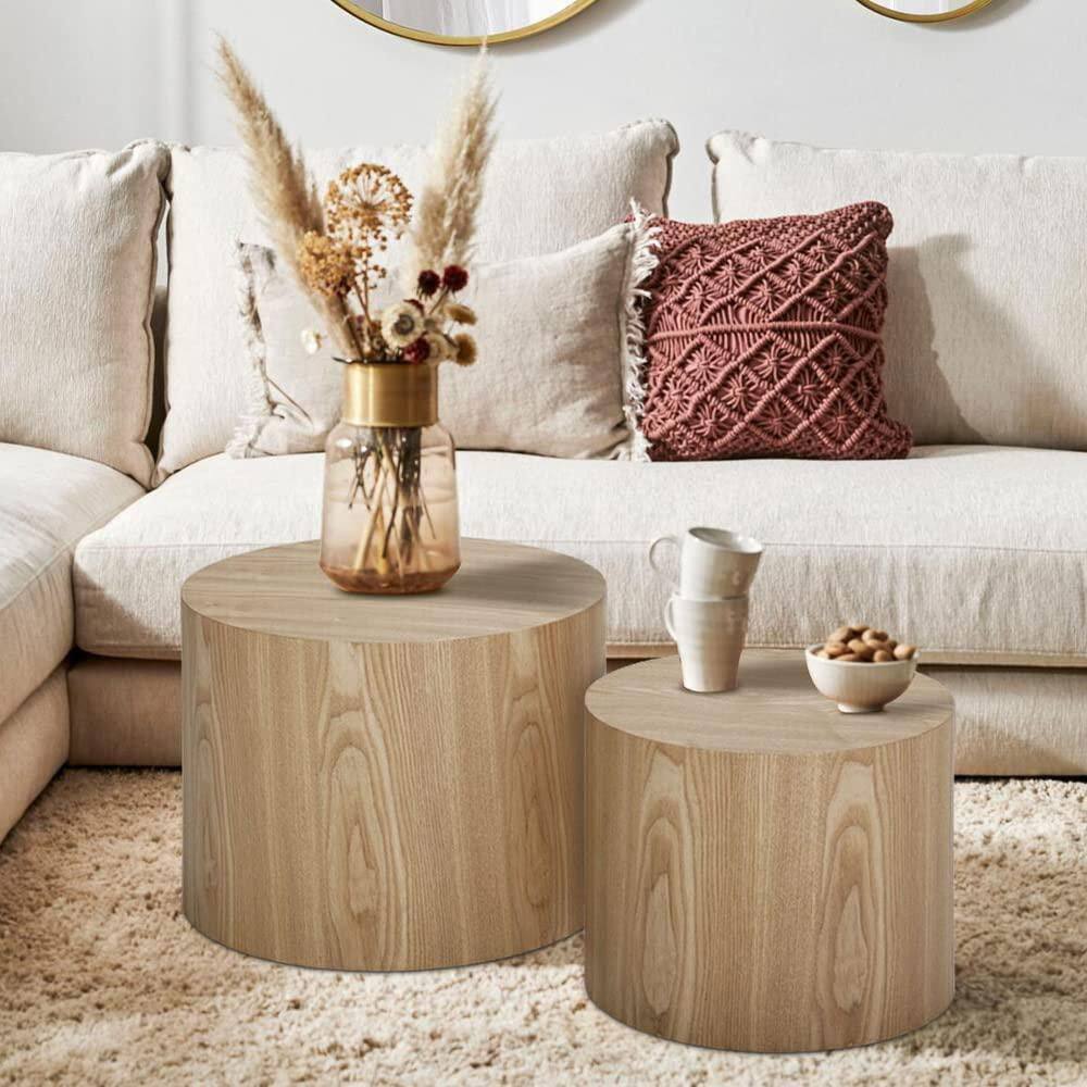Oak Round Wood Nesting Coffee Table Set of 2