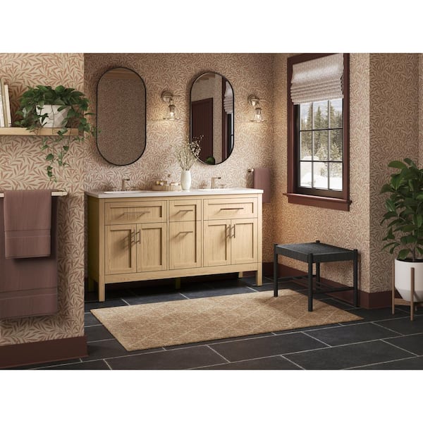 Hadron 60.75in. Double Sink Freestanding Light Oak Bath Vanity with White Quartz Top Assembled